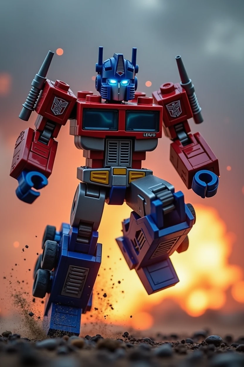 Lego Optimus Prime, robot warrior, leaping against dark cloudy sky, intense battle background, dynamic explosion effects, cinematic lighting, highly detailed, 8K, (best quality,4k,8k,highres,masterpiece:1.2),ultra-detailed,(realistic,photorealistic,photo-realistic:1.37),epic action scene,dramatic pose,intricate mechanical design,glowing energy,sparks,dust,devastation,cinematic angle,dramatic lighting