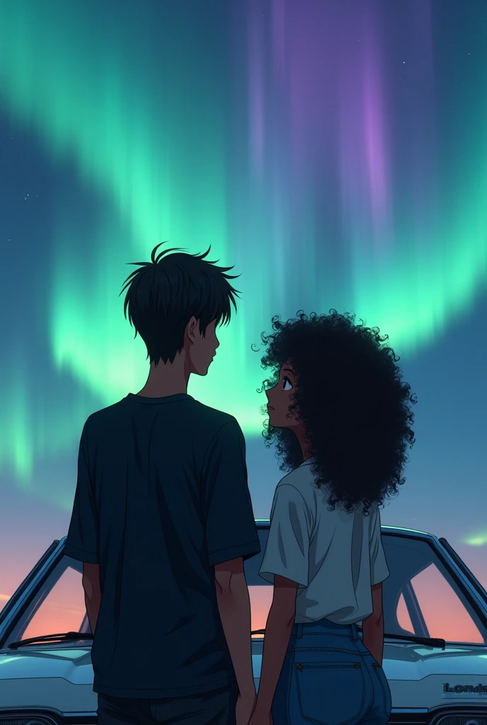 Couple leaning against a white 1995 Honda Civic coupe, envisioning a beautiful landscape. The husband is white, has 1.73 tall and weighs 63kg. He has straight, dark brown hair., light brown eyes and black loose shirt. The woman is black, has 1.59 tall and weighs 46kg. Ela tem black power. Japanese anime style photo. The woman is black!!! BLACK WOMAN WITH CURLY HAIR AND AURORA NORTHERN LIGHTS