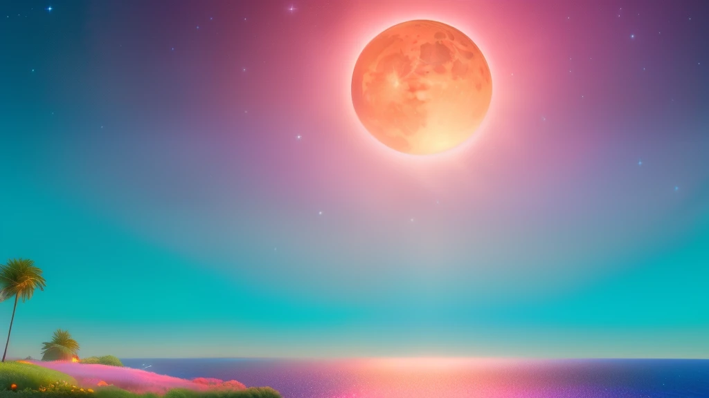 (best quality, ultra-detailed, photorealistic: 1.39), bright and vibrant colors, studio lighting, Red moon, sky shooting stars, soft azure clouds, sparkling, sparkling neon green ocean waves, pink roses in the pink ocean, fantasy, diamond, crown, universe, soft lights, sparkling eyes, cute biquini, cute biquini, within the vast ocean