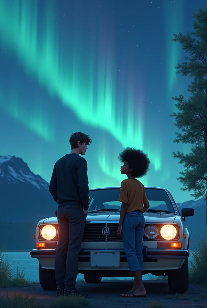 Couple leaning against a white 1995 Honda Civic coupe, envisioning a beautiful landscape. The husband is white, has 1.73 tall and weighs 63kg. He has straight, dark brown hair., light brown eyes and black loose shirt. The woman is black, has 1.59 tall and weighs 46kg. Ela tem black power. Japanese anime style photo. The woman is black!!! BLACK WOMAN WITH CURLY HAIR AND AURORA NORTHERN LIGHTS