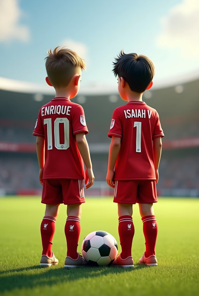 two brothers, one is 11 years old and the other 12, They are standing in the middle of a soccer field, one is a goalkeeper and the other a forward, both wear the uniform of the Liverpool club from England.
One is white skin, short straight hair, Brown eyes, He has a soccer goalkeeper&#39;s uniform with the number 10 on his back, says ENRIQUE V..
The other is light brown skin with straight hair., He has a soccer uniform with the number 1 on the back and says ISAIAH V.
They both have the same height.
There is a ball in the middle of them