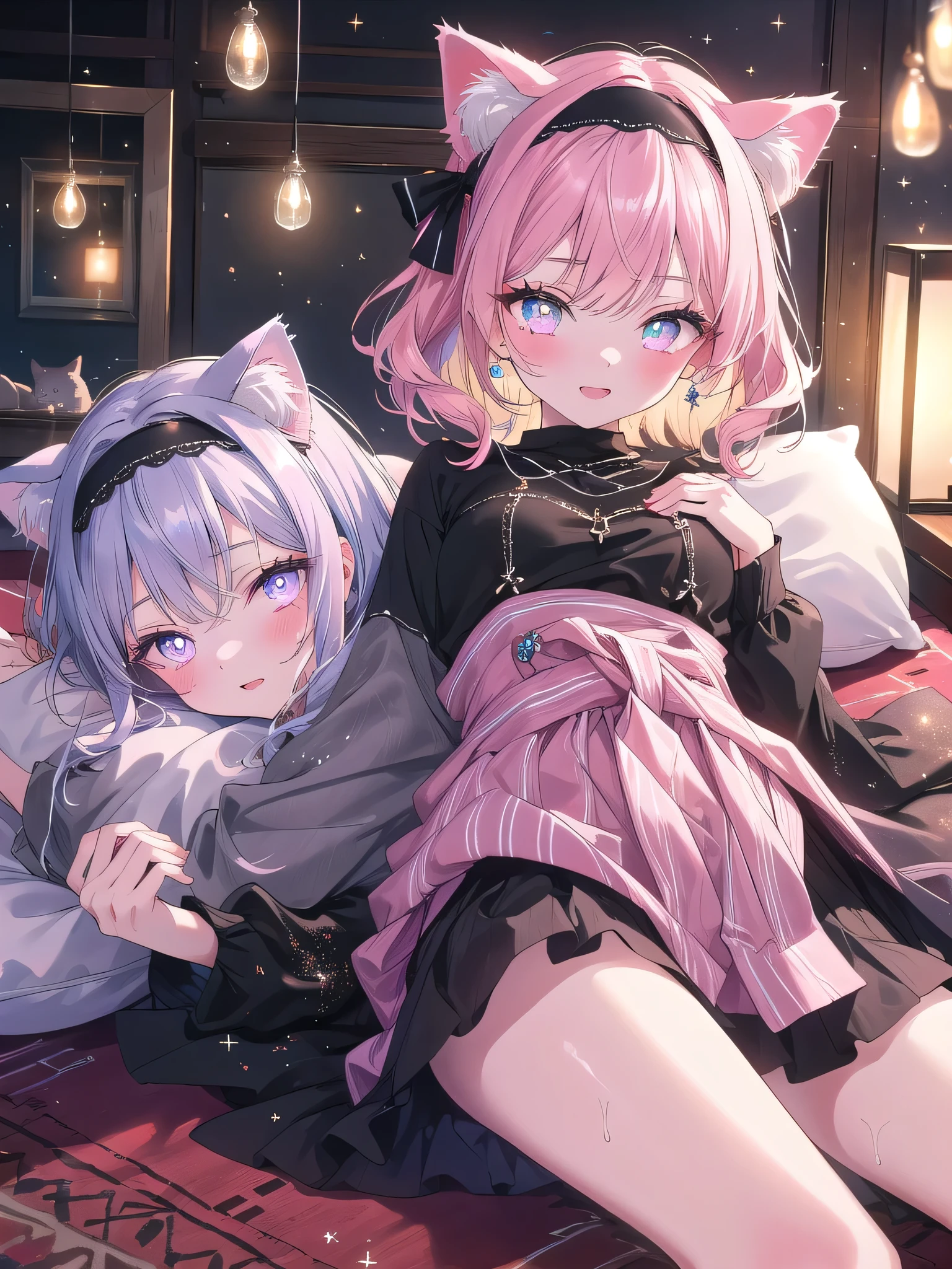((Masterpiece, best quality, high quality, very detailed CG uniform 8k wallpaper, very detailed, very detailed background)), detailed eyes, shiny hair, shiny skin, bright skin, ((1girl)), ((Vtuber, gamers , cat ear headphones, long pink hair, twin tails, pink hair, hoodies)), neon light, bedroom, ((having sex, doggy style)), ((was lying on her stomach hugging a pillow, ahegao, blush, open mouth, blank stare, tongue, breath sticker)), pov from the front, looking at viewer