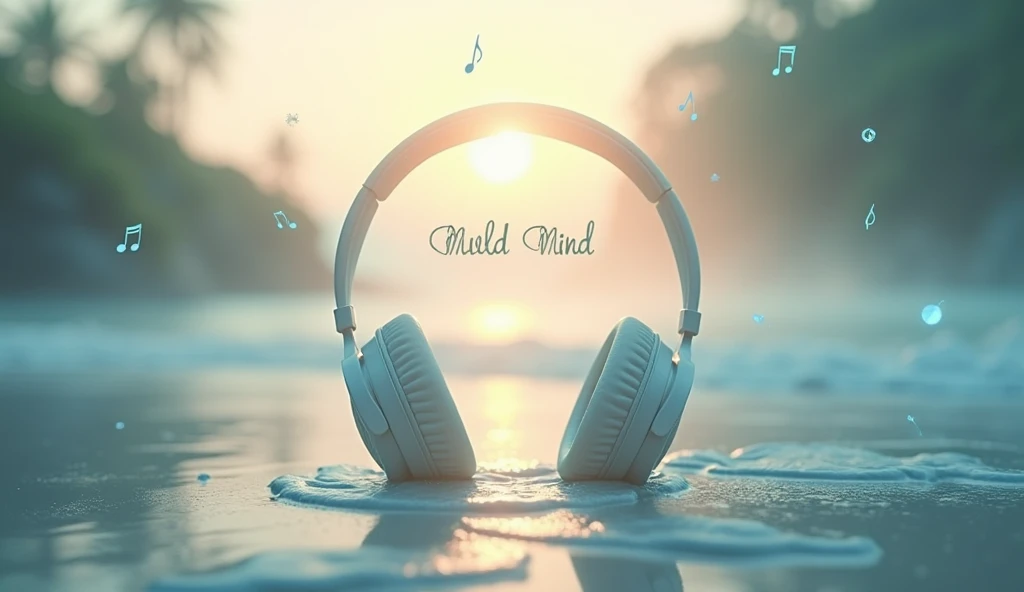 Create a YouTube thumbnail that evokes calmness and tranquility for 'Best Mind Relaxing Songs.' Use a soft color palette featuring blues, greens, and purples. Include visual elements like a serene landscape, such as a peaceful beach at sunset or a misty forest with gentle sunlight filtering through. Add subtle musical notes or a pair of headphones to signify the music theme. Use smooth, flowing typography for the title, ensuring it blends harmoniously with the background. The overall mood should be relaxing, soothing, and inviting to viewers