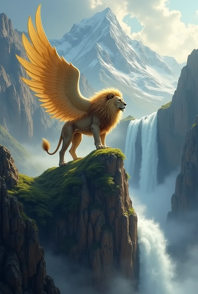 A lion with wings on a mountaintop next to a waterfall.