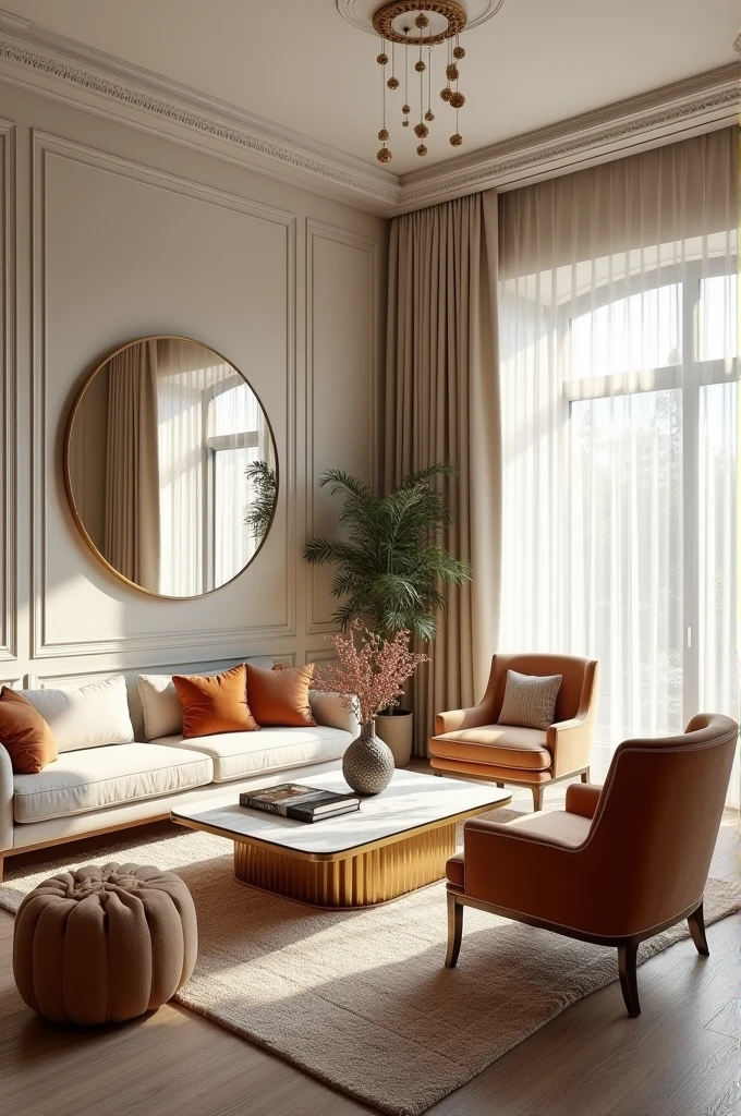 Professional 3d architecture rendering design of modern and gold French design for living room with elegant wooden and white marble slab stone middle table with elegant French chairs and silk Persian carpet and elegant curtains and clothes wall and showing complete and elegant sofa and chairs