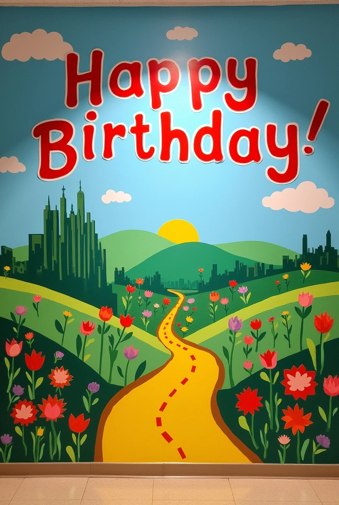Birthday mural for classroom that says "Happy Birthday! that is smaller and has a Wizard of Oz theme