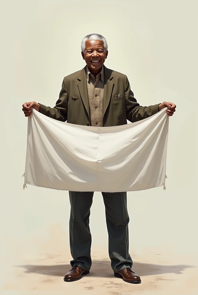 Nelson Mandela model holding a sign, posing to support the sign, white banner, very realistic.