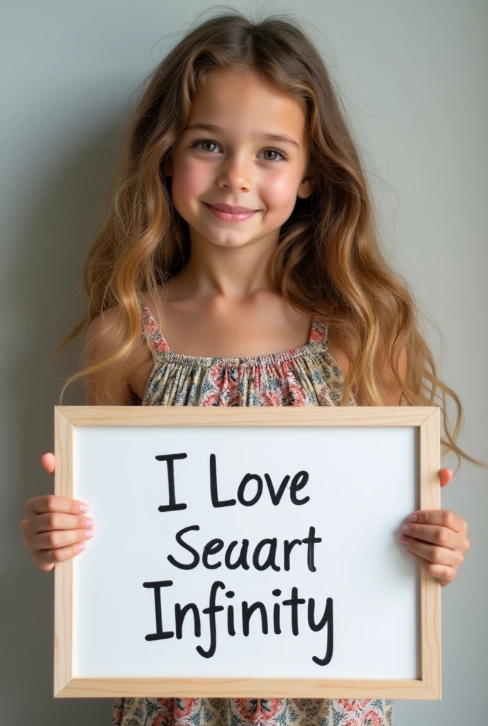 Beautiful girl with wavy long hair, bohemian dress, holding a white board with text "I Love Seaart Infinity" and showing it to the viewer