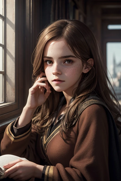 (1 girl) portrait of Emma Watson as Hermione Granger sitting next to a window reading a book, other hand not seeing, wearing black and red Hogwarts school robes, focused expression, golden hour, art by Kenne Gregoire, trending on artstation, (skin defect: 0,7) (freckled face: 0,7)  (Birthmark: 0,3) (greasy hair: 0,7)  (clothes wrinkling: 0,5) (body scrub: 0,4)  (perfect eyes: 1,0) (eyes size: 1,0)  (lipsticked mouth: 1,5)  (boobs size big) (age 25)  (hair color Brown) (long hair minimum) (make up minimum)  (face skinny)  (realistic fingers) (little nose) (NO TEXT)  (attentive facial expression) (Fog: 1,1) (HEAVY RAINING)  (left and right hands five fingers) , (studio quality:1.1), (8k uhd:1.1), (ultra realistic:1.1), (photography:1.1), (photorealism:1.1), (realistic:1.1), (detailed:1.1), (massive scale:1.1), (max detail:1.1), (soft lighting:1.1), (studio lighting:1.1), (photoshop:1.1), (portrait:1.1)