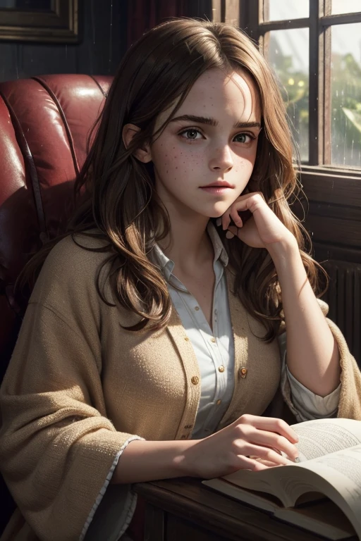 (1 girl) portrait of Emma Watson as Hermione Granger sitting next to a window reading a book, other hand not seeing, wearing black and red Hogwarts school robes, focused expression, golden hour, art by Kenne Gregoire, trending on artstation, (skin defect: 0,7) (freckled face: 0,7)  (Birthmark: 0,3) (greasy hair: 0,7)  (clothes wrinkling: 0,5) (body scrub: 0,4)  (perfect eyes: 1,0) (eyes size: 1,0)  (lipsticked mouth: 1,5)  (boobs size big) (age 25)  (hair color Brown) (long hair minimum) (make up minimum)  (face skinny)  (realistic fingers) (little nose) (NO TEXT)  (attentive facial expression) (Fog: 1,1) (HEAVY RAINING)  (left and right hands five fingers) , (studio quality:1.1), (8k uhd:1.1), (ultra realistic:1.1), (photography:1.1), (photorealism:1.1), (realistic:1.1), (detailed:1.1), (massive scale:1.1), (max detail:1.1), (soft lighting:1.1), (studio lighting:1.1), (photoshop:1.1), (portrait:1.1)