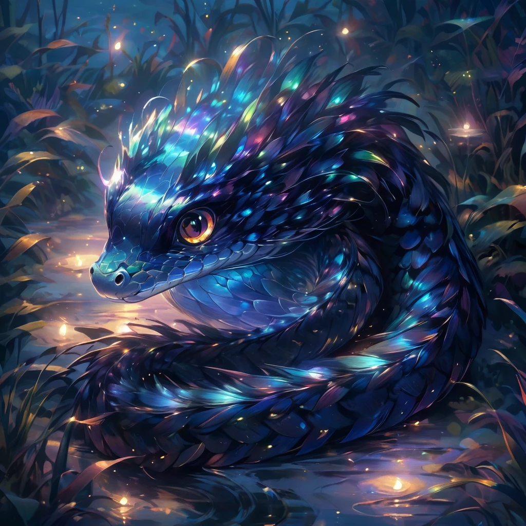 night,Little snake,Transparent feathers,Iridescent Feathers,dark,Sea