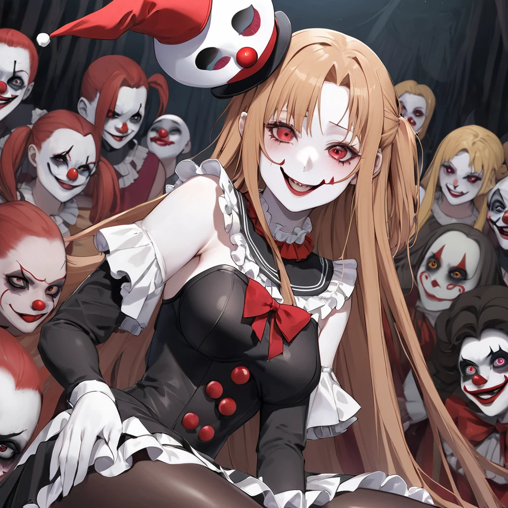 ((Highest quality)), ((masterpiece)), (detailed), (Perfect Face)、((The woman is Yuuki Asuna, with light brown, medium-long hair, pure white skin, and a creepy clown mask.))、The woman is an evil clown wearing a risque black rubber V-neck leotard, long black rubber boots, long black rubber gloves, lots of frills and clown decorations, a clown collar, a clown jester hat, a swallowtail skirt, and makeup on her clown face and red nose.、The woman is a wicked and lewd clown, a minion of an evil organization.、Evil clown women are gathering