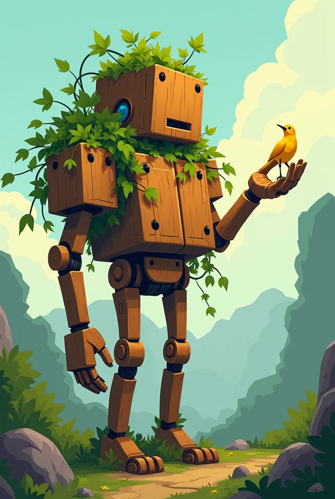 Warforged druid robust wooden mech robot with flora on his shoulders and a yellow bird resting in his hand, he is gentle and conected to nature no and resembles pinochio in a way with no hair in the style of flat 2 dimensional disney art style