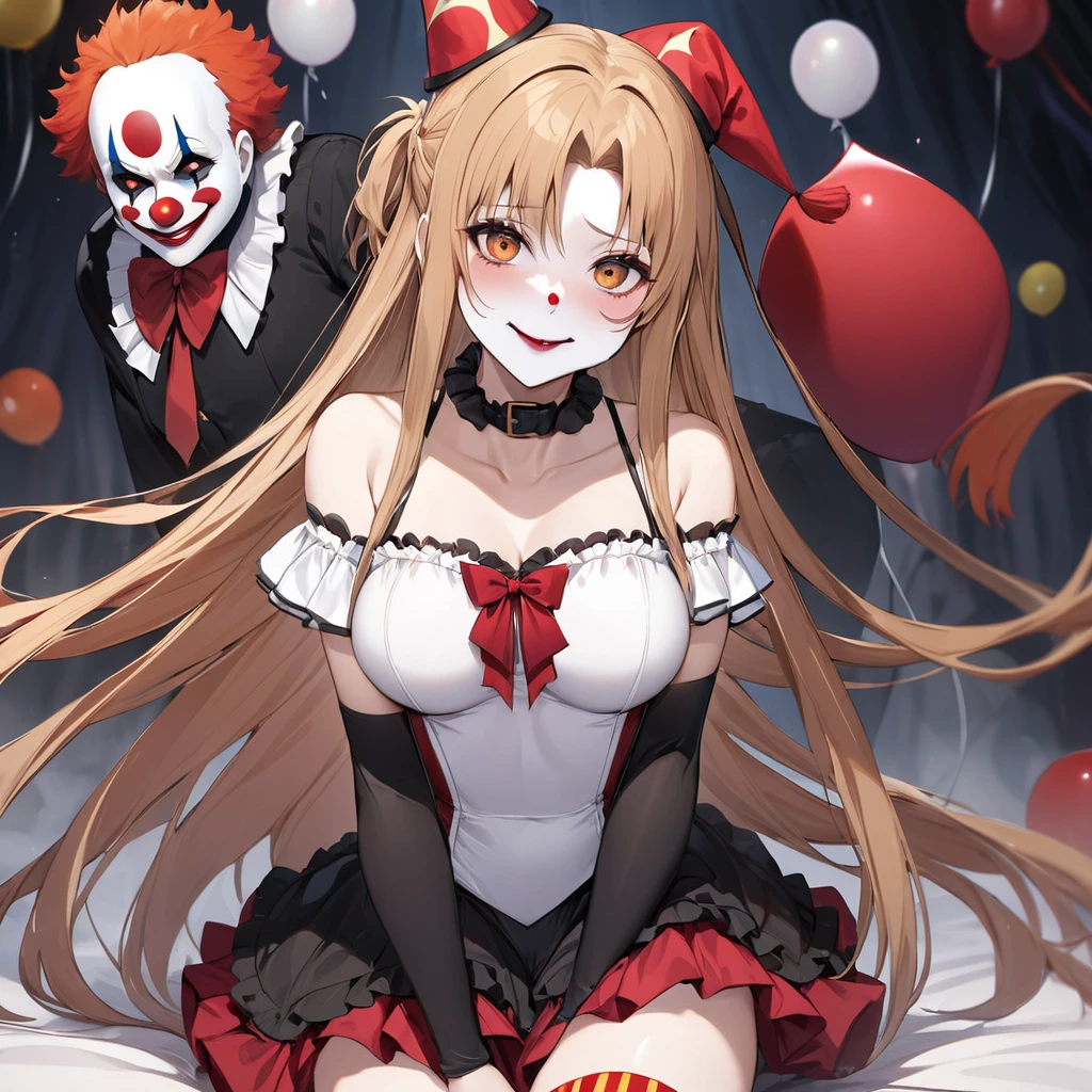 ((Highest quality)), ((masterpiece)), (detailed), (Perfect Face)、((The woman is Yuuki Asuna, with light brown, medium-long hair, pure white skin, and a creepy clown mask.))、The woman is a creepy, evil clown wearing a risqué black rubber V-neck leotard outfit, long black rubber boots, long black rubber gloves, lots of frills and clown decorations, a clown collar, a clown jester hat, a swallowtail skirt, and creepy clown makeup on her face and a red nose.、The woman is a creepy, evil, and lewd clown who has given her soul to an evil organization.、The evil circus troupe gathers together and the evil circus of hell begins.