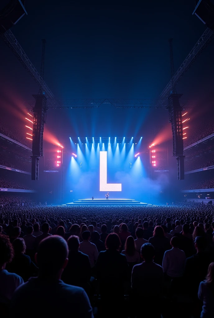 illuminated stadium concert stage in the shape of the letter L