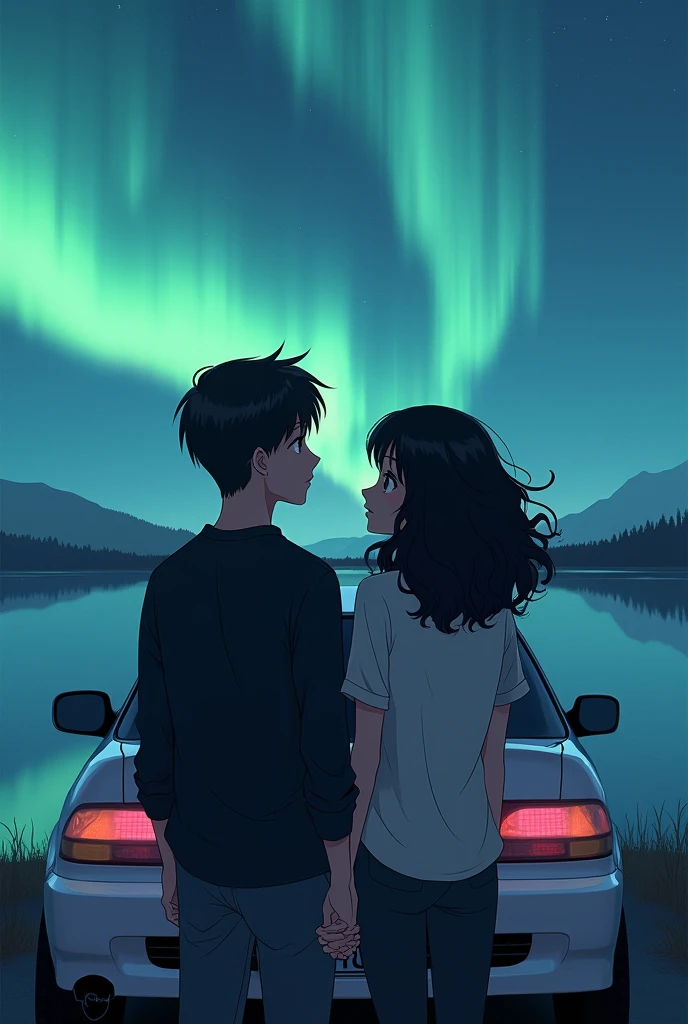 Couple leaning against a white 1995 Honda Civic coupe, envisioning a beautiful landscape. The husband is white, has 1.73 tall and weighs 63kg. He has straight, dark brown hair., light brown eyes and black loose shirt. The woman is black, has 1.59 tall and weighs 46kg. Ela tem black power. Japanese anime style photo. The woman is black!!! BLACK WOMAN WITH CURLY HAIR AND AURORA NORTHERN LIGHTS