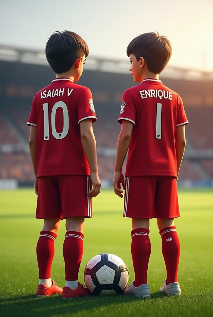 two brothers, one and the other 14 years oldtanding in the middle of a soccer field, one is a goalkeeper and the other a forward, both wear the uniform of the Liverpool club from England.
One is white skin, short straight hair, Brown eyes, He has a soccer goalkeeper's uniform with the number 10 on his back, it says ISAIAH V.
The other is light brown skin with straight hair., He has a football uniform with the number 1 on the back and says ENRIQUE V .
They both have the same height.
There is a ball in the middle of them