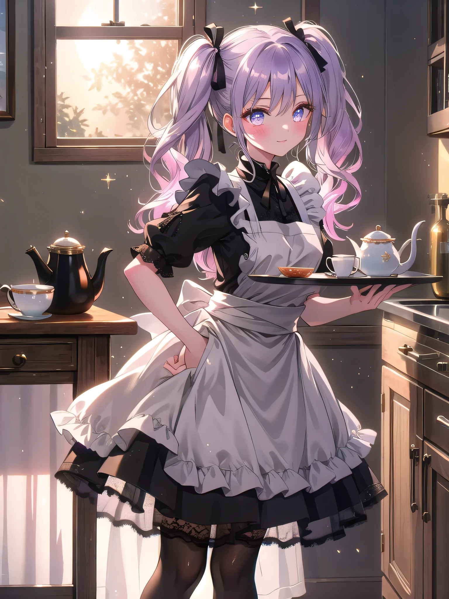 ((8k, Highest quality, masterpiece: 1.3)),Ultra-high resolution,(1 girl, alone), (Color changing eyes, Ultra-detailed, Expressive brilliance, Glitter, Glowing Eyes), Highly detailed eyes, Highly detailed face, Random Hair, ((pastel colour)),A striking young woman with long, pastel purple hair styled into twin tails, each tied with black lace ribbons. She is dressed in an intricate maid cosplay outfit, complete with a black and white dress featuring a ruffled skirt, puffed sleeves, and a fitted bodice with a lace-up front. The dress is adorned with delicate white frills and a small apron tied around her waist. She also wears thigh-high black stockings with lace trim and polished black shoes. The camera captures her from a mid-angle, focusing on her as she stands in a grand, vintage-style kitchen during the late afternoon, with warm sunlight streaming through the large windows. She holds a silver tray with a teapot and cup in one hand, while the other hand rests gently on her hip. Her expression is sweet and inviting, with a slight blush on her cheeks, as she leans slightly forward, offering tea with a warm smile. The background features rich wooden cabinets, marble countertops, and a soft, golden glow from the setting sun, enhancing the classic and elegant atmosphere.