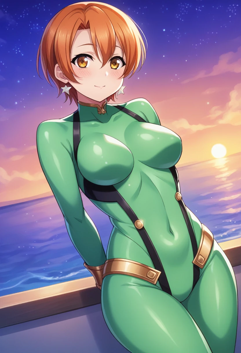 Masterpiece,best quality, anime cg, realistic lighting,Solo,cowboy shot,rin Hoshizora, blush, love scene, green bodysuit,thicc thighs ,sea in background, night ,stars, arms behind back, lovely ,yopparai oni style 