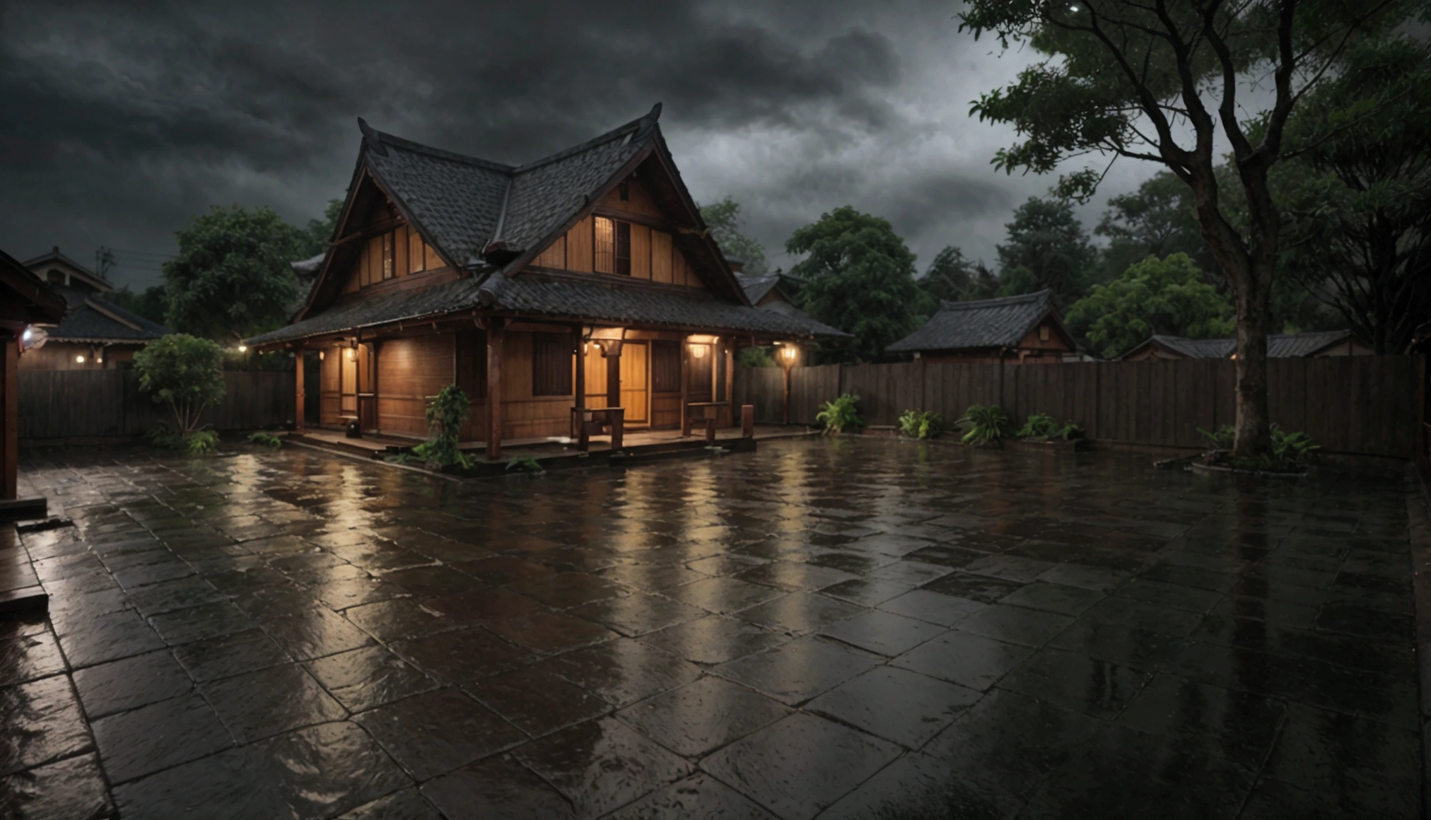 A dark, rainy evening in a traditional Asian neighborhood. The scene shows a cozy wooden house with a slanted roof, typical of Southeast Asian architecture. The rain is pouring down, creating ripples in the puddles on the cobblestone pathway leading to the house. Dim, warm light glows from the windows, casting a soft, inviting hue on the wet ground. The surrounding trees are lush and swaying slightly in the wind, their leaves glistening with raindrops. The sky above is overcast with heavy, dark clouds, and a faint mist hangs in the air, enhancing the serene and tranquil atmosphere of the rainy night."