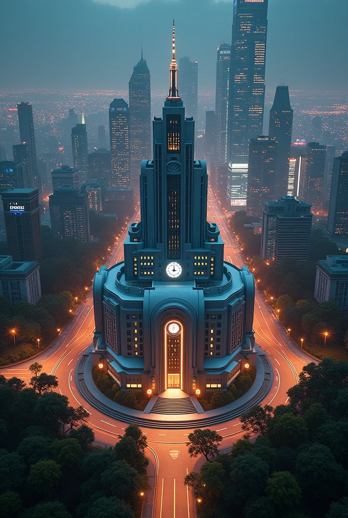 capital building, city hall, city centre, multiple buildings, birdseye view ,art deco design,streamline moderne,futuristic architecture, Abstraction,modern style,Luxury and Luxury,Future night view,Futuristic decorative elements,Metallic,number line,sci-fi lamp,Virtual Engine,Unreal rendering, neon lights, greenery,