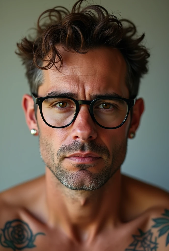 A tanned white man, short curly hair, medium brown eyes and slightly droopy, small mouth, large nose, Square face, slightly large cheeks, well-marked jaw, Thin, arched eyebrows, wears black hexagonal glasses with thin temples, has a silver plug in his left ear and a silver piercing in his left eyebrow, has tattoos on his right arm and chest.