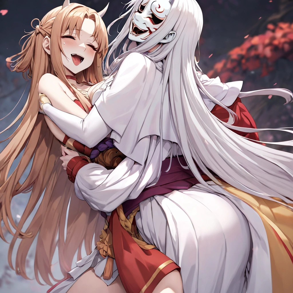 ((Highest quality)), ((masterpiece)), (detailed), （Perfect Face）、The woman in the Hannya costume is Yuuki Asuna, with light brown, semi-long hair and a Hannya mask covering her entire face, and her whole body is pure white skin.、The woman is in the state of Hannya in both body and mind, and her face is completely Hannya.、The woman is wearing a sexy, alluring, and provocative outfit, adorned with accessories.、The woman is embracing and snuggling with the leader of the Prajna Party.、The woman became the wife of the leader of the Prajna Party and the couple became a loving couple.