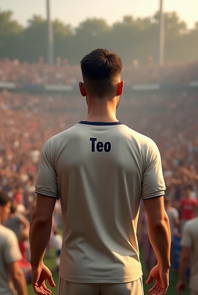 A player with his back to say welcome and on the shirt Teo