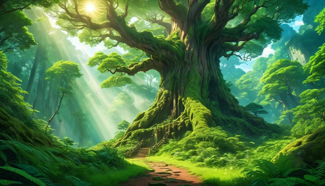 (anime, fantasy, forest), (best quality, highres, highly detailed, HDR:1.2), vibrant colors, calm atmosphere, inviting environment, lush forest, ((giant towering tree)), green, intricate, ethereal light, detailed landscape