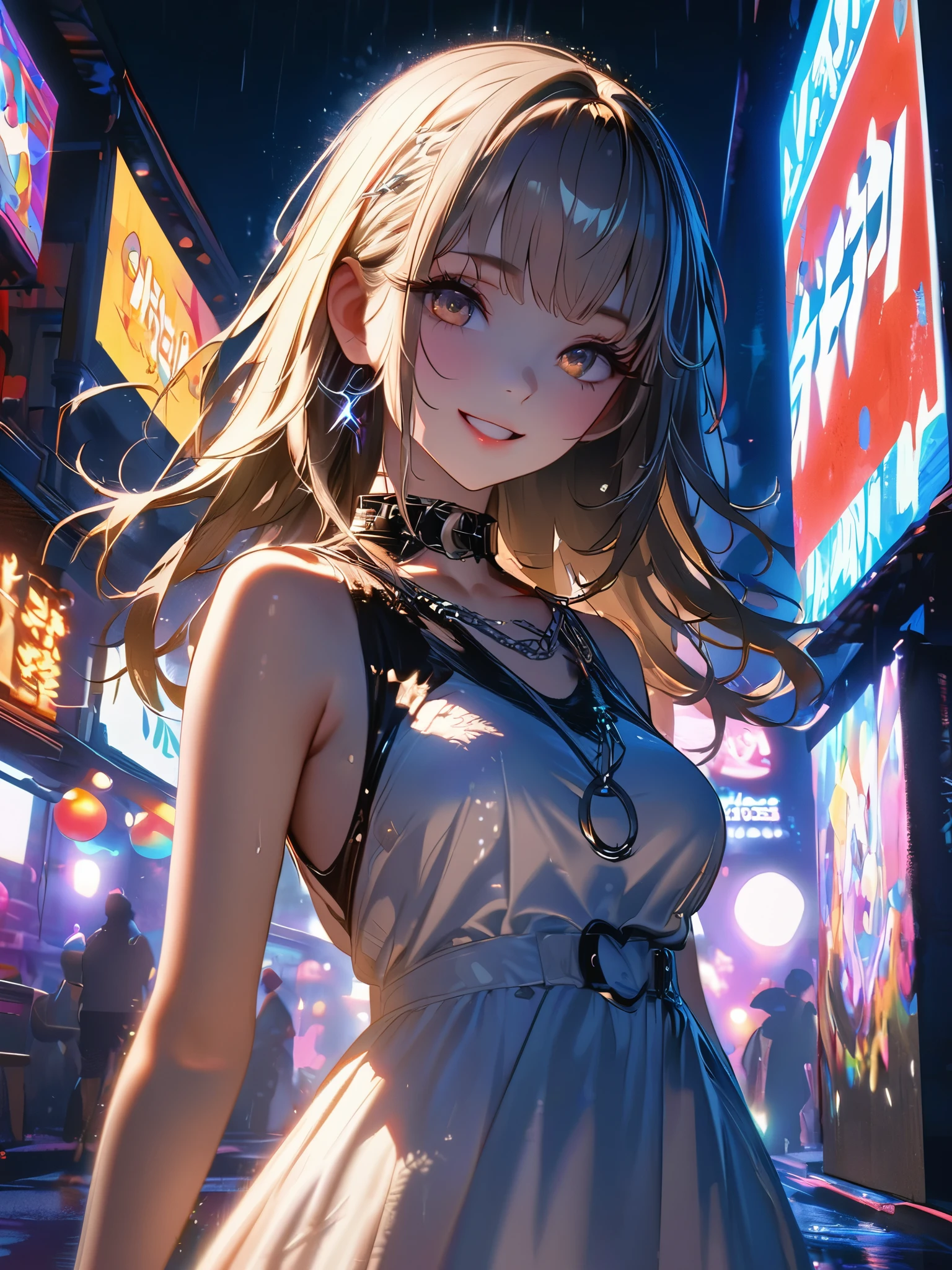 1 girl, chromatic aberration, Written boundary depth, Soft Light, masterpiece, Highest quality, complicated, Tone Mapping, A place where fireworks are set off at festivals. Concept Art, Smooth, Clear focus, Dramatic lighting, Very cinematic, super practical painting, アートステーション's trending, 8k, Incredible Shadows, practical, whole body, View, Viewers, Portrait of a Girl 1, standing on street corner, Heavy rain and lightning、Dark Sky, neon and cyber punk background, she is dressed in punk clothing with silver chains and silver spikes, Her hair was dyed light brown...............Ominous aura of light, smile, punk, ciber punk, Backlight.Fashionable clothes、Friendly dress code: Wearing a white dress.My breasts are a little big