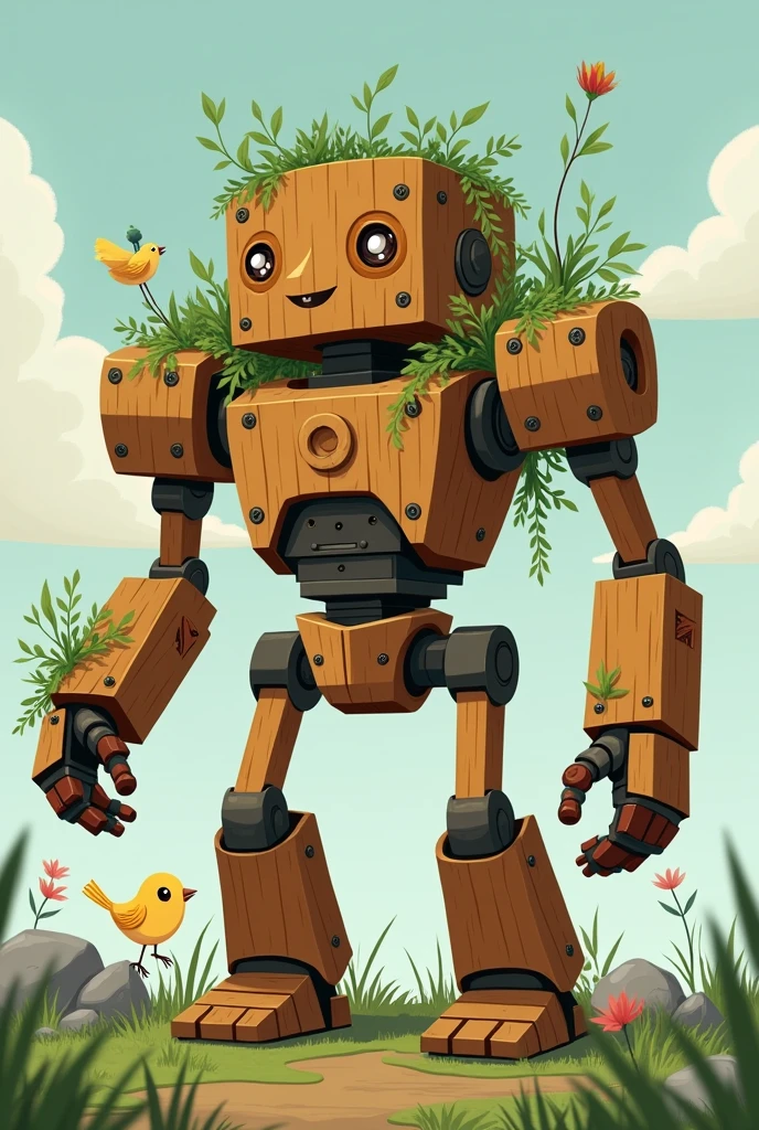 Warforged druid robust wooden mech robot with flora on his shoulders and a yellow bird resting in his hand, he is gentle and conected to nature no and resembles pinochio in a way with no hair in the style of flat 2 dimensional disney art style