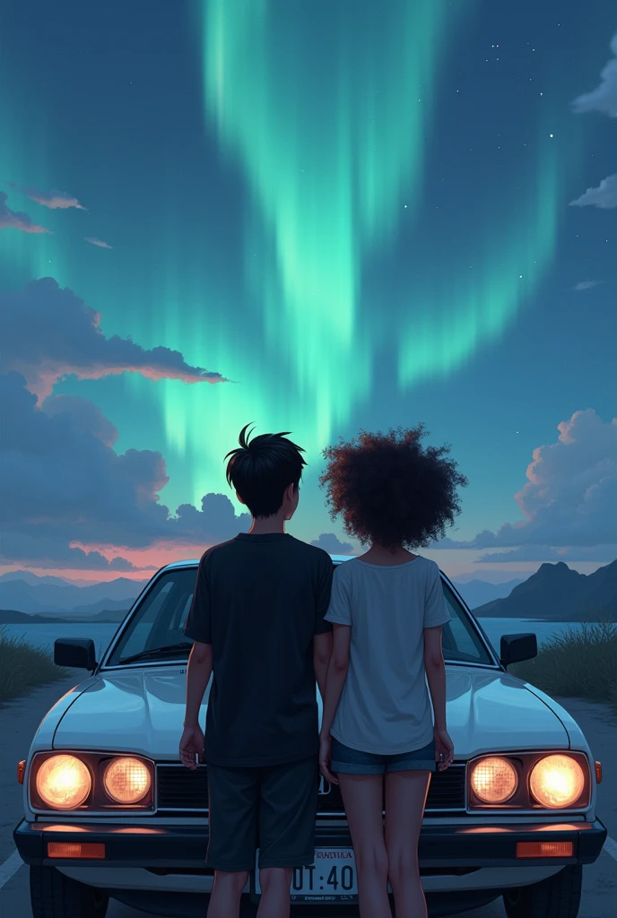 Couple leaning against a white 1995 Honda Civic coupe, envisioning a beautiful landscape. The husband is white, has 1.73 tall and weighs 63kg. He has straight, dark brown hair., light brown eyes and black loose shirt. The woman is black, has 1.59 tall and weighs 46kg. Ela tem black power. Japanese anime style photo. The woman is black!!! BLACK WOMAN WITH CURLY HAIR AND AURORA NORTHERN LIGHTS