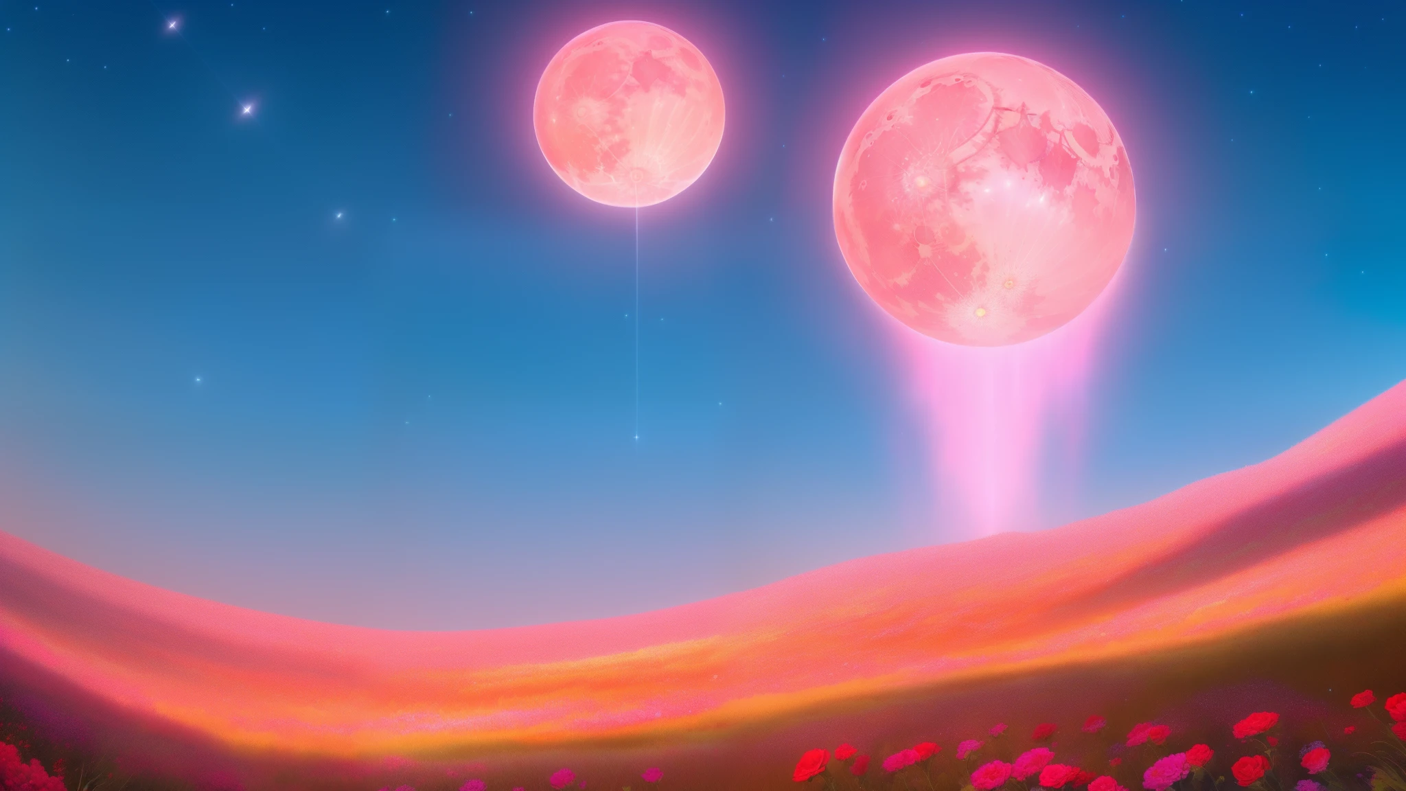 (best quality, ultra-detailed, photorealistic: 1.39), bright and vibrant colors, studio lighting, Red moon, sky shooting stars, soft azure clouds, sparkling, sparkling neon green ocean waves, pink roses in the pink ocean, fantasy, diamond, crown, universe, soft lights, sparkling eyes, cute biquini, cute biquini, within the vast ocean