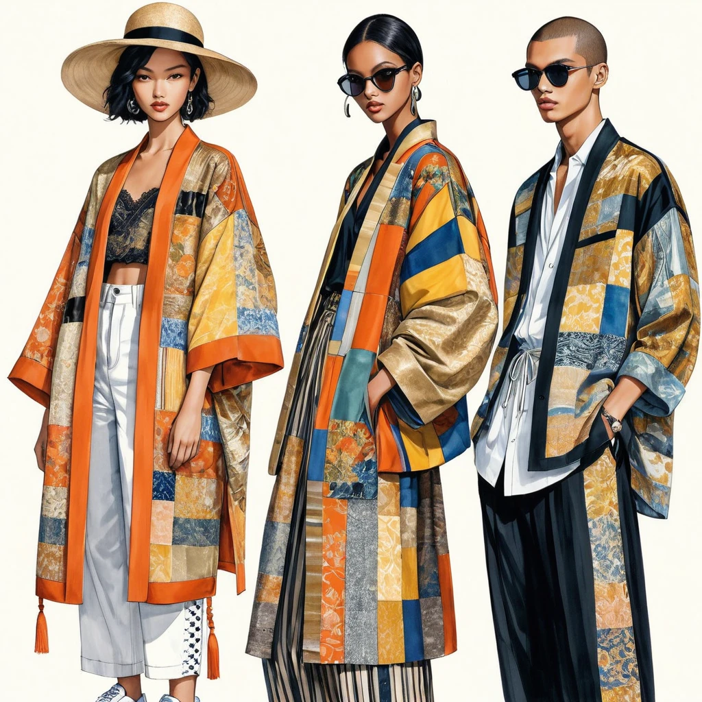 candid fashion illustration a group of young 2man and 1girl, aged 18-23 year old, tall and slender, Mixed race male super model, ((showcase fashionable Lenin outfits inspired by designer Dris Van Noten spring collection 2024)), in elegant and modern style of ((patchwork or collage of E-co print mixed with Metallic color fabric and ethnic cloth)). The 1st man wears an oversized shirt with embroidery and lace details, paired with slim-fit Pants. The 2nd man complements him in a shirt decorate with lace and an oversized Yukata Jacket, ethnic woven details, paired with big striped Drawstring short. a woman wears patchwork long silk dress style, (all completes the look with white sneakers, an accessorizes with a wide-brimmed straw hat, sunglass. Captured in a ((full-body image)), simple model pose, ((simple water-color paint on white paper background)), realistic pencil lines, imperfect drawing, charcoal lines detail, fading sketch, fashion Sketching, low angle view, (full body image), Dris Van Noten