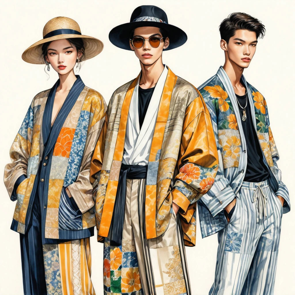 candid fashion illustration a group of young 2man and 1girl, aged 18-23 year old, tall and slender, Mixed race male super model, ((showcase fashionable Lenin outfits inspired by designer Dris Van Noten spring collection 2024)), in elegant and modern style of ((patchwork or collage of E-co print mixed with Metallic color fabric and ethnic cloth)). The 1st man wears an oversized shirt with embroidery and lace details, paired with slim-fit Pants. The 2nd man complements him in a shirt decorate with lace and an oversized Yukata Jacket, ethnic woven details, paired with big striped Drawstring short. a woman wears patchwork long silk dress style, (all completes the look with white sneakers, an accessorizes with a wide-brimmed straw hat, sunglass. Captured in a ((full-body image)), simple model pose, ((simple water-color paint on white paper background)), realistic pencil lines, imperfect drawing, charcoal lines detail, fading sketch, fashion Sketching, low angle view, (full body image), Dris Van Noten