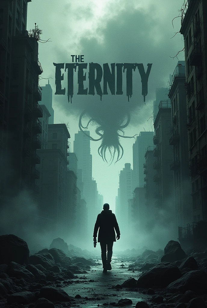 Generates a style image **dark surrealism** of a cover for a book entitled "The Eternity of Darkness". The image shows a distorted city called Ravenswood, where buildings twist and curve unnaturally, as if they were alive. The sky is a dark abyss, deep, with tentacle-shaped clouds that seem to reach the earth. In the middle, A lonely figure appears, Elliot, With your back to the viewer, walking towards the darkness that surrounds him. Title "The Eternity of Darkness" It&#39;s in big, distorted letters, with a fountain that seems to disintegrate. The background is almost black, with fading grey and white details, conveying a sense of unease and terror.