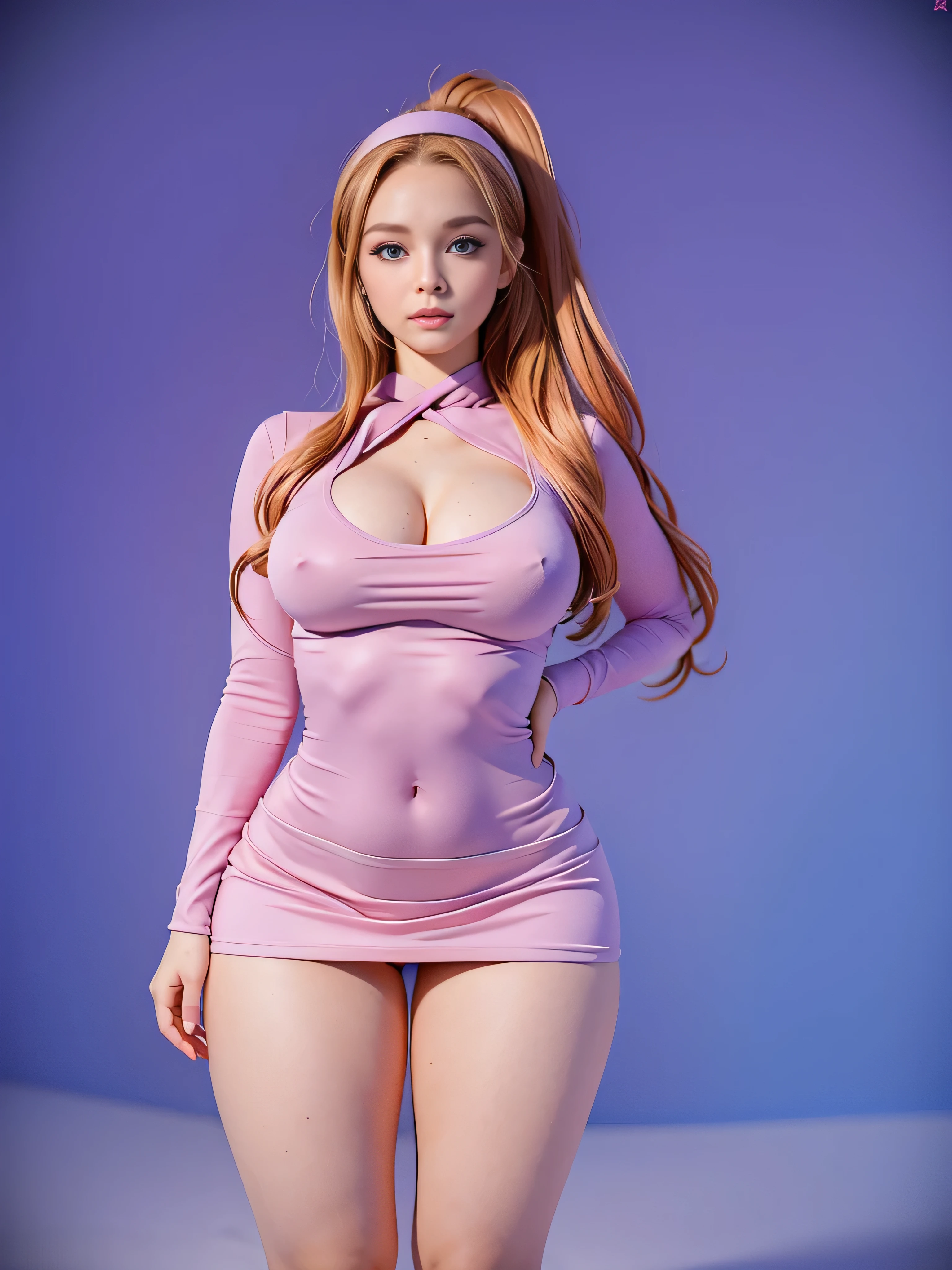 4k, realistic, charismatic, very detailed, there is a girl in the sky, She is Daphne Blake, she is a very young, Scooby Doo theme, ((she is in the space)), large hair, ponytail, 20 years, full body, (detail in the eyes), (detail in the face), incredibly beautiful, blue eyes, blush, makeup, red lipstick, miniskirt, (wide hips), (thick thighs), small breasts, dress, Beauty girl, seductive pose, (extreme hourglass figure), thin, svelte, white skirt, boots, tight t-shirt, ((mini skirt))