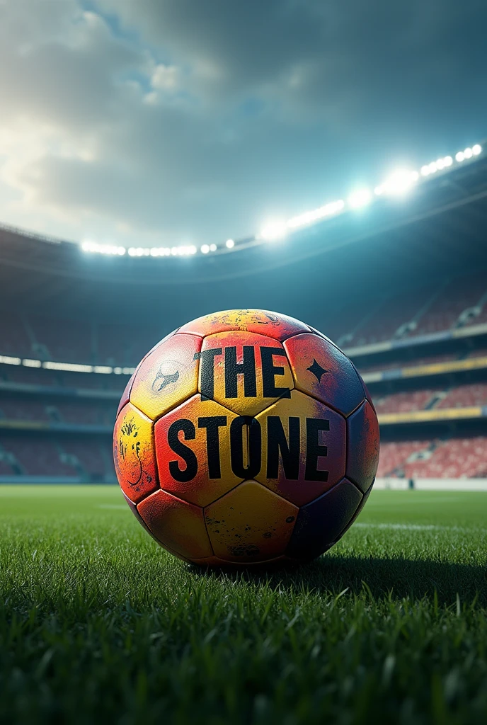 A soccer ball with the word "THE STONE" with a stadium in the background