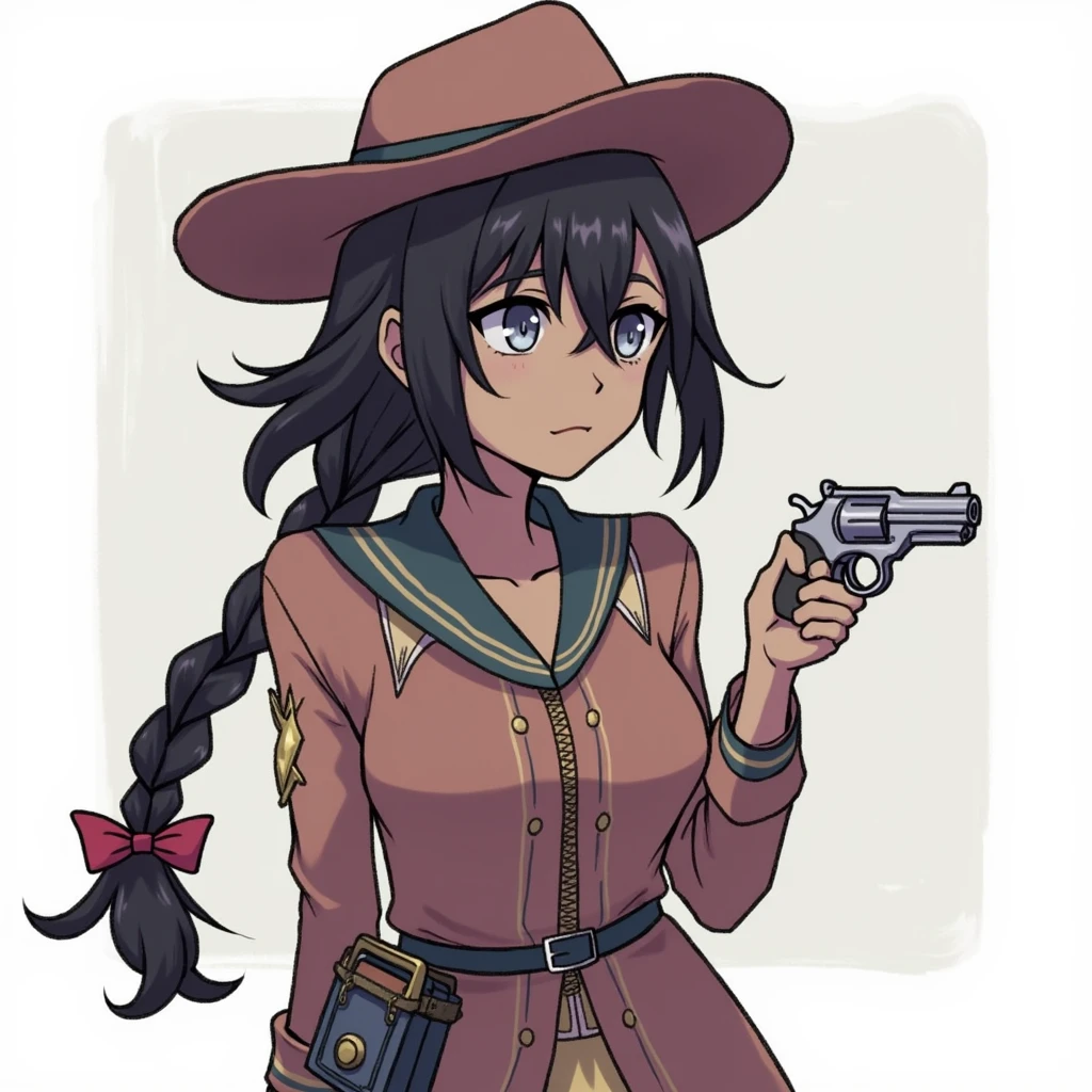 Final Fantasy 14, Miqo'te, female, silver eyes, dark skinned, braided ponytail, holding fantasy revolver, cowgirl hat, shooting stance, aiming,