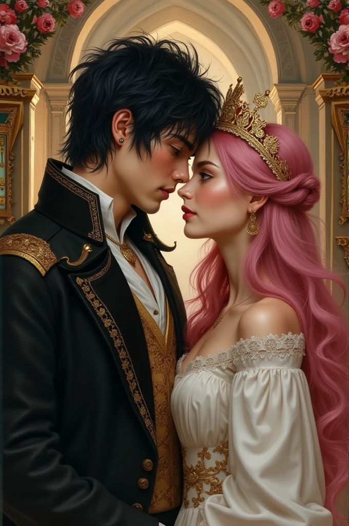 handsome man with messy neck length black hair and dark eyes with beautiful woman with long pink hair and hazle eyes, medieval royal wedding