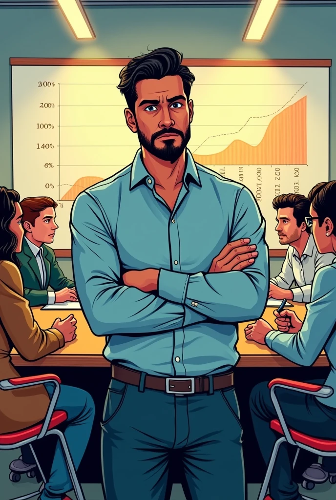 • Comic-style image of a modern conference room with a large table and chairs with people sitting on it • Luis with a thoughtful and skeptical expression, with arms crossed.

• A background showing a graph on the wall depicting uneven growth
