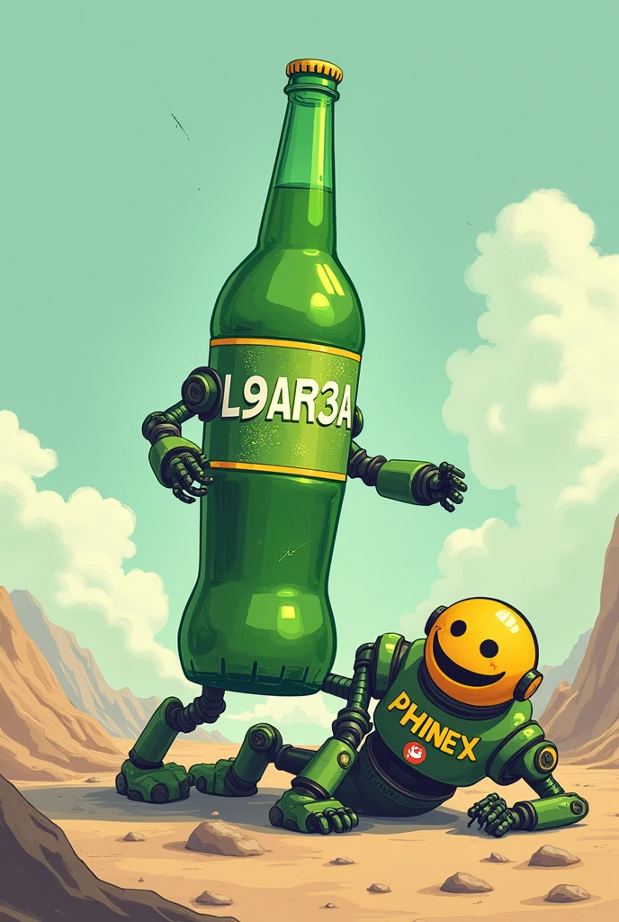 I want a picture of a green soda bottle named L9AR3A knocking out a robot named PHINEX with the name L9AR3A shown on the bottle and the PHINEX&#39;s emoji shown on the robot. I want the robot to be the loser in the picture. I want the robot PHINEX to be lying on the ground and the bottle L9AR3A defeated him with the name PHINEX shown on the robot.