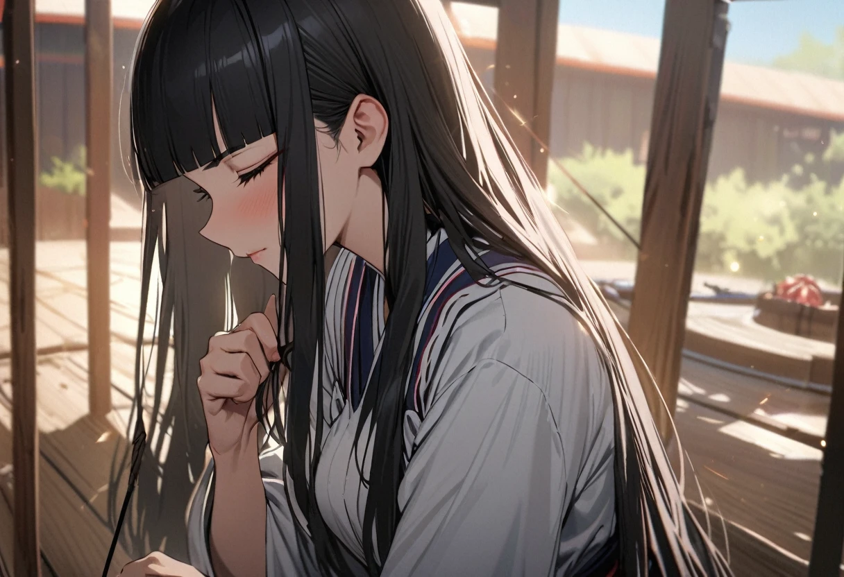 ((profile, standing Kyudo style)), (left hand holding a japanese long bow:1.2), (Push forward left hand holding on japanese long bow), (solo:2, 15 yo) (detailed beautifu blunt bangs:1.3) (beautiful sexy black hair very long hair) (beautiful shrine maiden girl) (detailed sexy closed eyes) (serious face, glossy lip) (medium tits), break, in a white Kyudo uniform, break, in the japanese Archery range, BREAK, perfect anatomy, masterpiece, best quality, 16k, beautiful detailed grow, daydreaming expression.