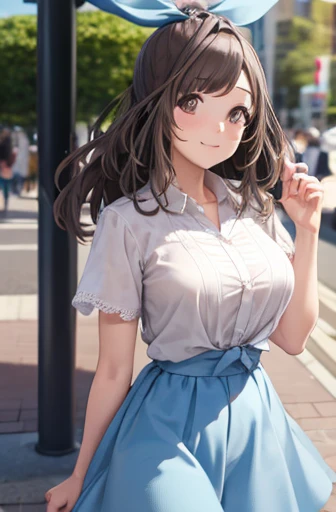 koganetsukioka, kogane tsukioka, (brown eyes:1.5), brown hair, hair tie, ponytail, BREAK bare legs, blue skirt, collarbone, collared shirt, miniskirt, shirt, short sleeves, skirt, tented shirt, tied shirt, tight clothes, tight shirt, white shirt, wing collar, BREAK looking at viewer, BREAK outdoors, BREAK (masterpiece:1.2), best quality, high resolution, unity 8k wallpaper, (illustration:0.8), (beautiful detailed eyes:1.6), extremely detailed face, perfect lighting, extremely detailed CG, (perfect hands, perfect ???????),