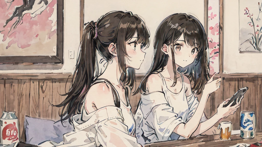 watercolor:1.2), watercolor, One Girl, （1 person）, Long Hair, Black Hair, Alone in a modern room, profile, Beer cans on the table、Painting \(Moderate\), White T-shirt,Shorts, From the side, profile、Sitting on the sofa and looking at the smartphone screen, Cowboy Shot, Brown eyes, bangs, Pink Nails、relax、Focus on smartphones、Looks happy、She is looking at her smartphone