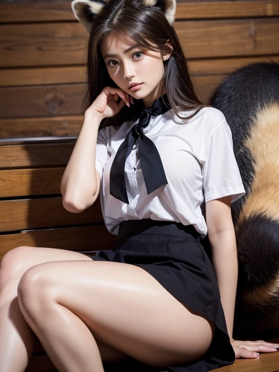 ((Highest quality, 8k)), ((masterpiece)), (Highest Resolution), Perfect Face, Woman with raccoon ears, Female college student, Beautiful woman, public, One tail, she has thick thighs, Big raccoon tail, She has a brown raccoon tail., She sticks out her tail, Troubled face, Fur collar, she is wearing a short skirt, Beautiful Hips , Big Breasts, The skirt is rolled up with a big tail, Beautiful panties are visible