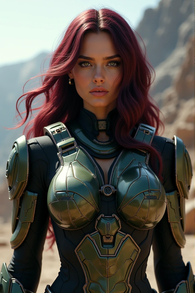 A Halo soldier, wine colored hair, Long hair, sensual, full body