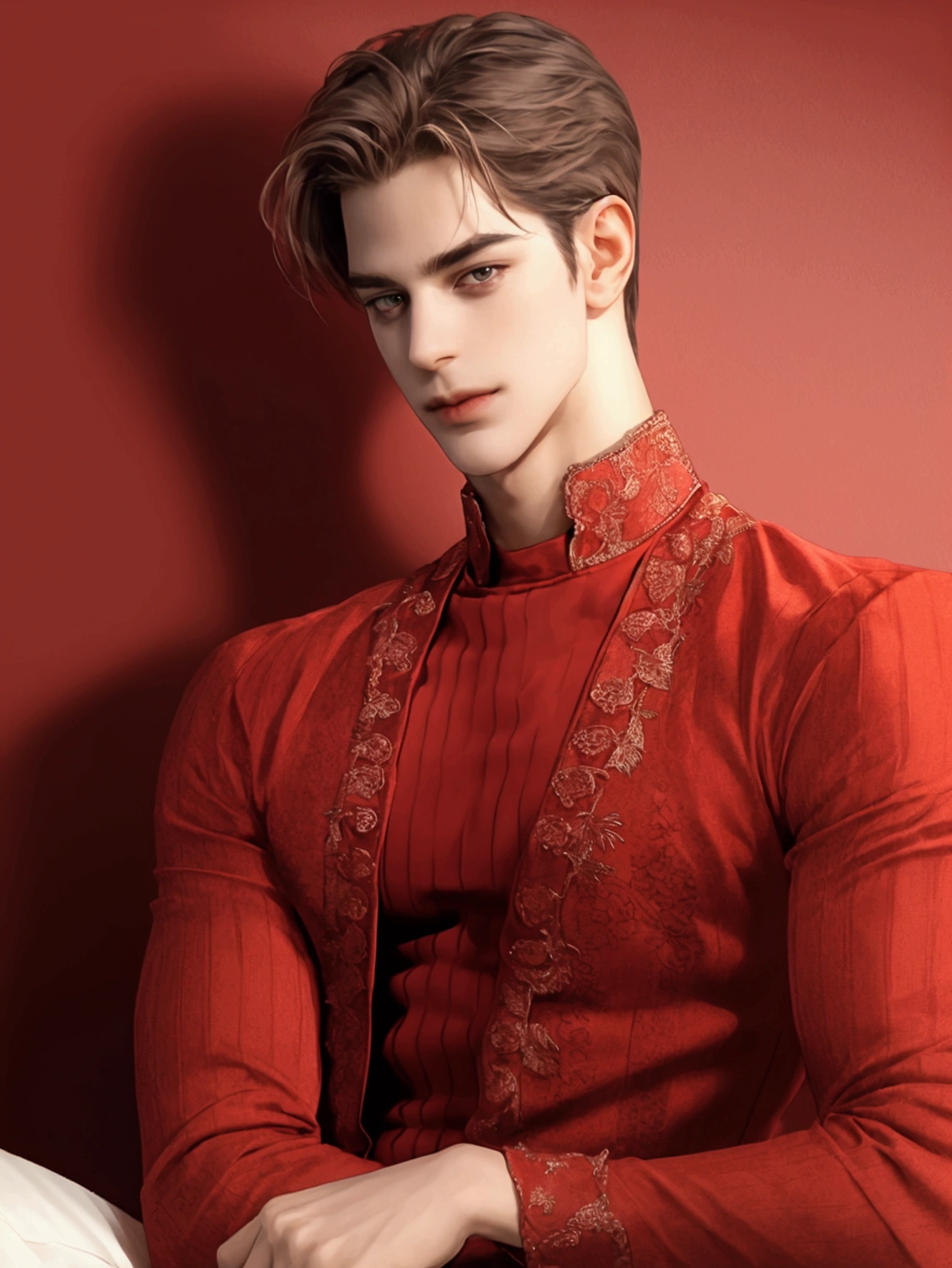 (photorealism:1.2), 

Handsome man with a red background as he looks into the camera with a smirk. He has a tight outfit and arms on each side. Dramatic lighting, relaxed pose intricate details, warm colors.