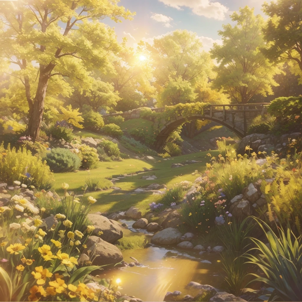 image of a sunny day landscape, just the landscape with flowers, flowery field, nobody, no animals, Vibrant, artwork style, animated cartoon, artistic, soft color palette, flowers of various types blown by the wind, sheen, magic photography, soft soft lighting, light background, photo realist, super verbose, 4K, high resolution, super thin sharp, high qualiy, exclusivo, colors beautiful, 3d rendered,