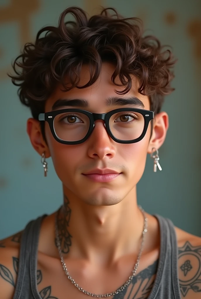 A very young 22 year old white tanned man, no beard or mustache, short curly hair, medium brown eyes and slightly droopy, small mouth, large nose, Square face, slightly large cheeks, well-marked jaw, Thin, arched eyebrows, wears black hexagonal glasses with thin temples, has a silver plug in his left ear and a silver piercing in his left eyebrow, has tattoos on his right arm and chest.